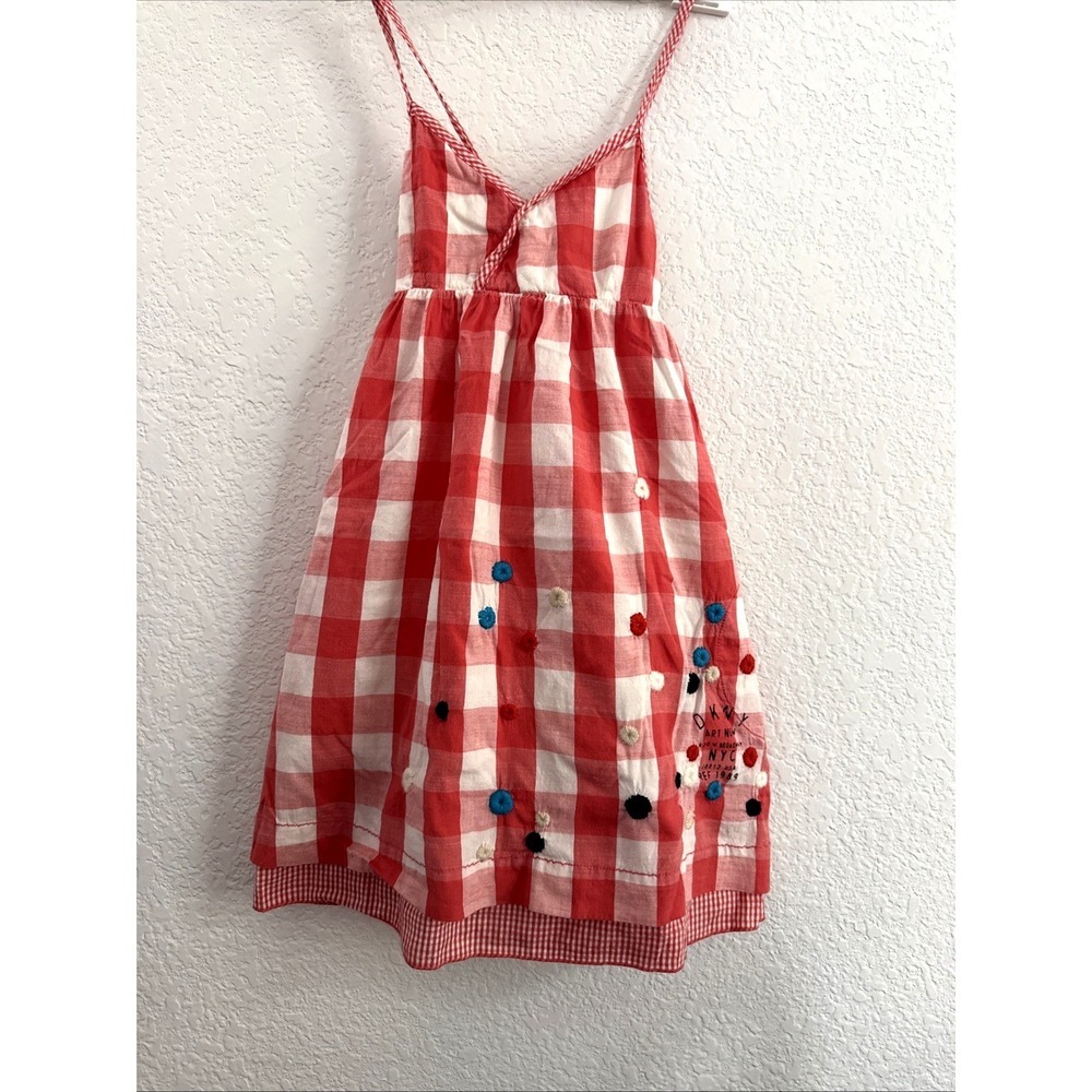 DKNY Girls Sleeveless Spaghetti Strap Red White Plaid Dress Embroidered Size 10